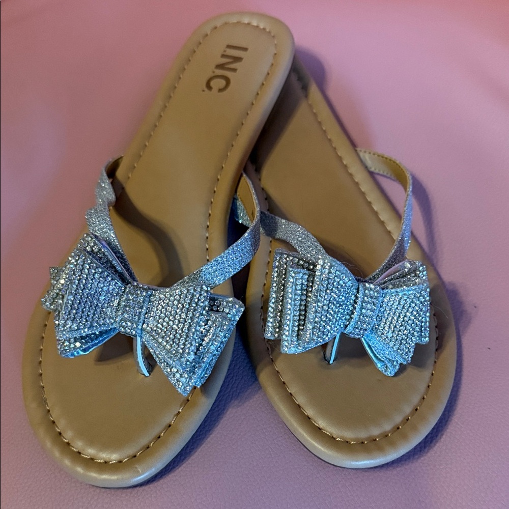 INC International Concepts Silver Rhinestone Bow Slide Sandals